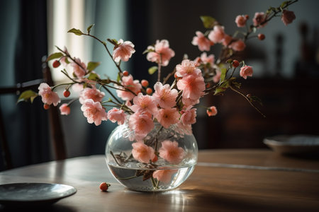 Beautiful cherry blossoms in a vase on a wooden tableの素材