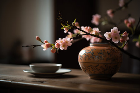 Cherry blossoms in a vase with a cup of teaの素材