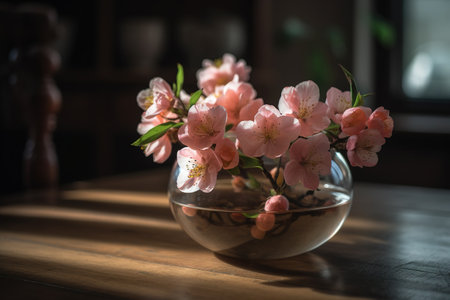 Cherry blossom in a glass vase on a wooden tableの素材