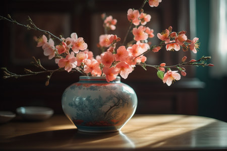 Cherry blossom in a vase on a wooden table.の素材