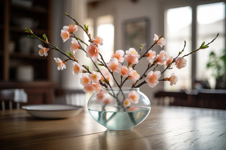 Bouquet of cherry blossom in vase on wooden tableの素材
