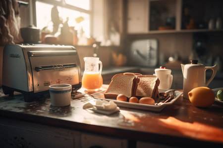 Breakfast in the kitchen. Eggs, bread and toaster on the tableの素材
