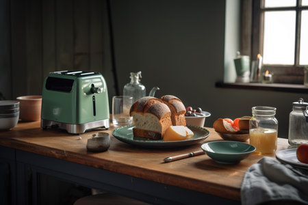 Breakfast in the kitchen with bread and toaster on the tableの素材