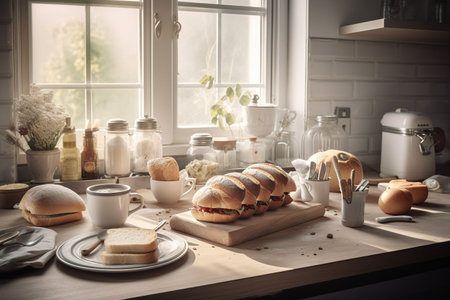 Breakfast in the kitchen. Coffee, croissants and sandwiches on the tableの素材