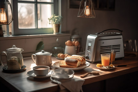 Breakfast in the kitchen. Coffee, croissants, orange juice and toasterの素材