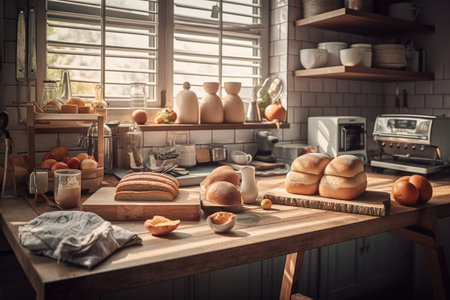 Bread and bakery products on wooden table in rustic kitchen.の素材