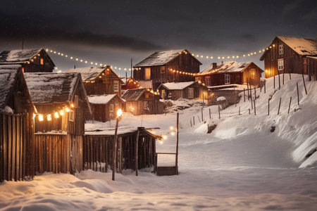 Winter village at night with wooden houses and garland lights, Norwayの素材
