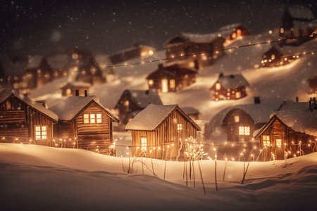 Winter village with wooden houses at night. Christmas holiday concept. Vintage tonedの素材
