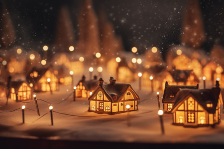 Christmas and New Year miniature village. Festive decoration with wooden houses and Christmas lights. Selective focusの素材
