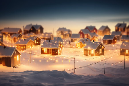 Snow covered small town with christmas lights at night. 3d renderingの素材