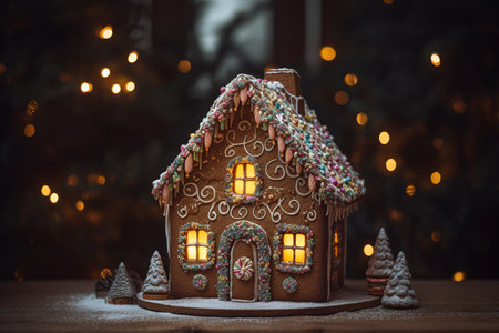 Gingerbread house decorated with icing on wooden background. Christmas and New Year concept.の素材