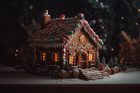 Gingerbread house in the snow on a dark background. Christmas decoration.の素材