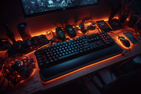 Computer keyboard, mouse and headphones on a table in the dark.の素材