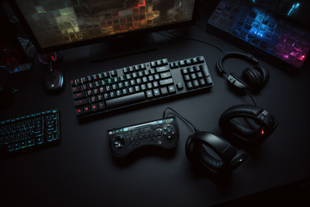 Computer keyboard, mouse, headphones and gamepad on black table. Gaming conceptの素材