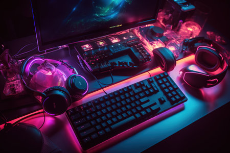 Close up view of gaming desk with keyboard, mouse, headphones and other equipment.の素材