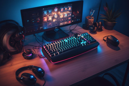 Computer keyboard with headphones and mouse on wooden table in dark room.の素材