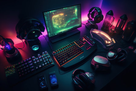 Computer desktop with gaming accessories. Gaming concept. 3D Renderingの素材