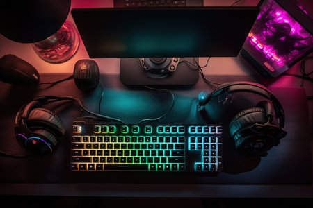 Computer keyboard, mouse and headphones on a table in a dark roomの素材