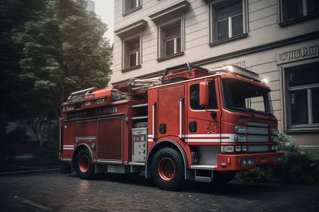 fire truck on the street in the evening. 3d rendering.の素材