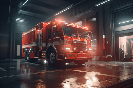 Fire truck in the garage of a fire station. 3d renderingの素材
