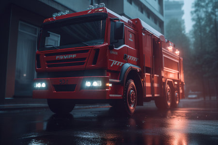 Red fire truck on the street in the rain at night. Firefightersの素材