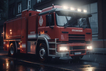fire truck on the street at night in the rain, defocused lightsの素材