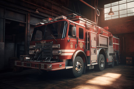Old fire engine in a dark room. 3D Rendering.の素材