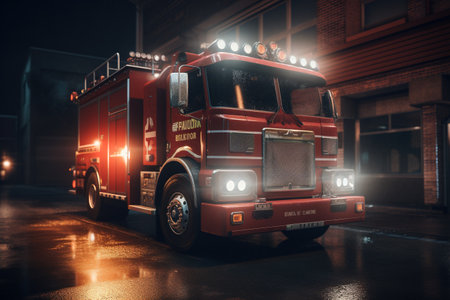 Fire engine in the city at night. 3D Rendering.の素材