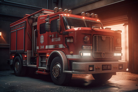 fire truck in the city at night, close-up, tonedの素材