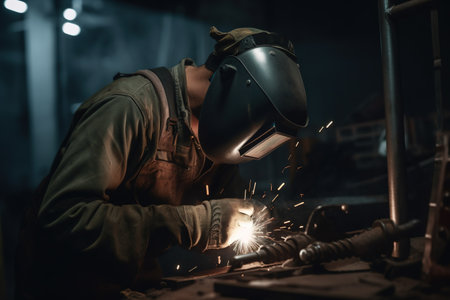Worker with protective mask welding metal in the factory. Metalwork and construction concept.の素材