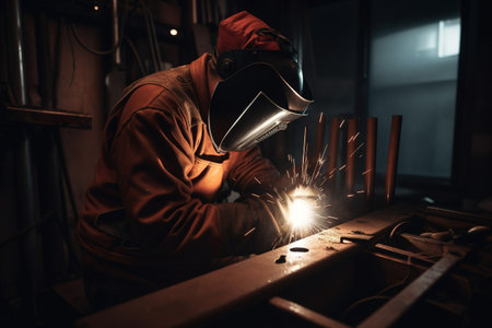 welder at work in the factory welding metal with arc welding machineの素材
