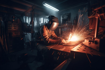 Industrial worker with protective mask welding metal at factory. Metalwork and construction concept.の素材