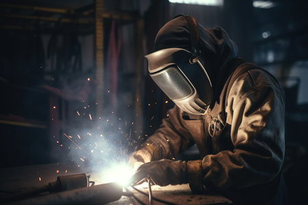 Industrial welder at work in a factory. Metalwork and construction concept.の素材