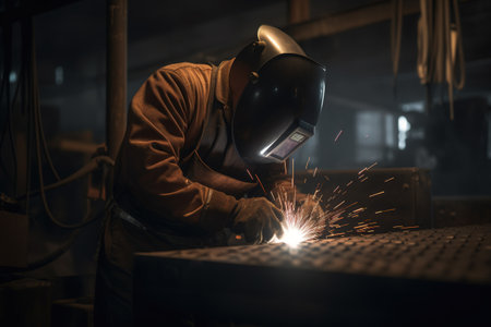 Welder working with arc welding machine to weld steel at factory.の素材