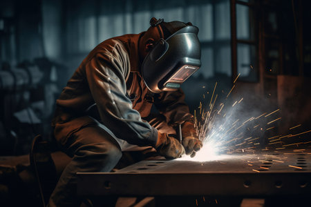Industrial worker wearing protective clothing and welding metal with sparks in factory.の素材