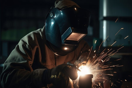 Welder in protective mask welding metal at factory. Metalwork and industrial construction concept.の素材