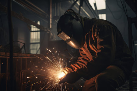 Industrial worker with protective mask welding steel in factory. Metalwork manufacturing and construction concept.の素材