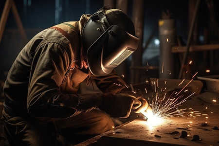 Welder at work in the factory. He is wearing protective clothing.の素材