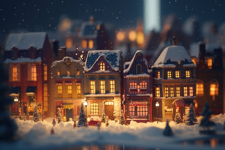 Snowy winter town. Christmas and New Year concept. 3D Renderingの素材