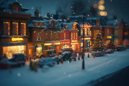 Winter scene with Christmas village in the snow. Christmas and New Year concept.の素材