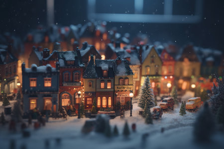 Miniature city at night. Christmas holiday concept. Christmas and New Year miniature scene.の素材