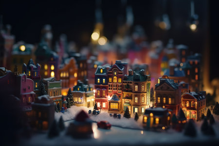 Christmas and New Year miniature scene. Little cute town with snow on roof at night. Holiday concept. Selective focusの素材