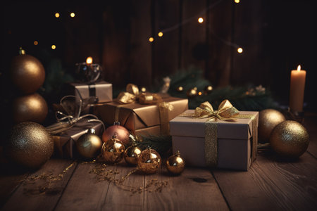 Gift boxes and Christmas ornaments on a wooden background.の素材