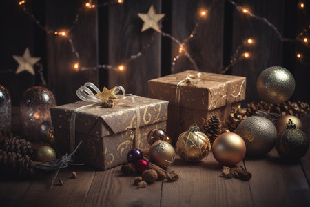 Christmas decoration on a wooden background with bokeh lights and giftsの素材