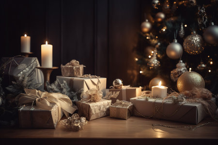 Christmas presents and candles on a wooden table against the background of a Christmas treeの素材