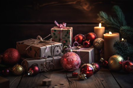 Christmas decoration and gift boxes on rustic wooden background with copy space.の素材