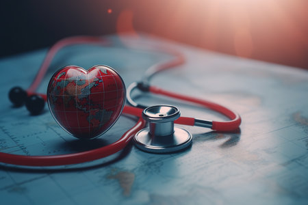 Red stethoscope and red heart on a world map background.の素材