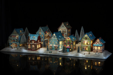 Miniature houses with reflection on black background. Christmas and New Year concept.の素材