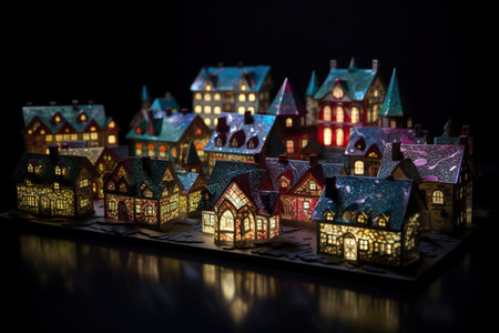 Miniature houses on black background. Christmas and New Year holiday concept. Selective focusの素材
