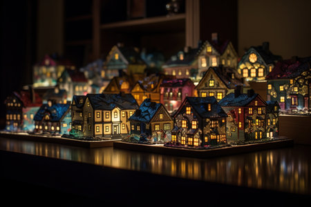 Miniature city at night. Christmas and New Year holiday concept. Miniature houses on the table. Selective focusの素材